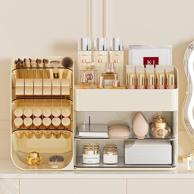 Makeup Organizer with Brush Holder for Vanity,Countertop Makeup Organizer with Drawers,Spacious Cosmetic Display Case,Perfect Storage Solution for Your Beauty Essential (Cream, Large)