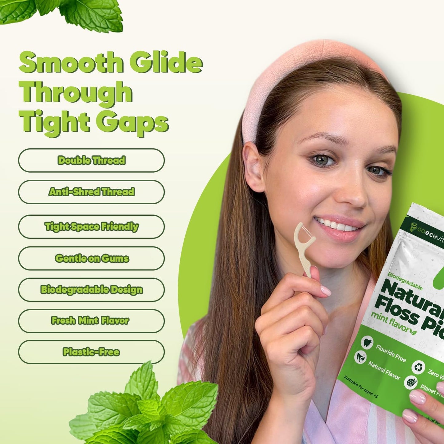 Biodegradable Dual Thread Floss Picks - Natural Straw Wheat Handle | Tight Gap Dental Flossers for Adults | Gentle on Gums & Teeth | Eco Friendly, Vegan, Natural (100 Pack, Mint)