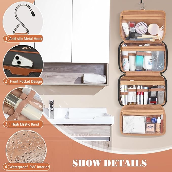 Travel Toiletry Organizer - Hanging Toiletry Bag for Full-sized Toiletries, Portable Water-resistant with Hanging Hook and 4 Compartments for Travel Essentials and Cosmetics