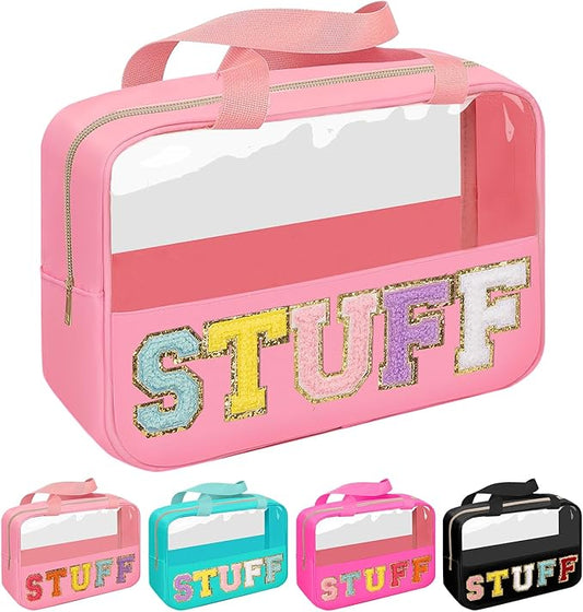 Iqimott Chenille Letter Patch Stuff Bag, Preppy Clear Makeup Cosmetic Bag Large Toiletry Storage Tote Bag with Handle, Transparent Nylon Waterproof Organizer Zipper Pouch for Travel Women Girls(Pink)