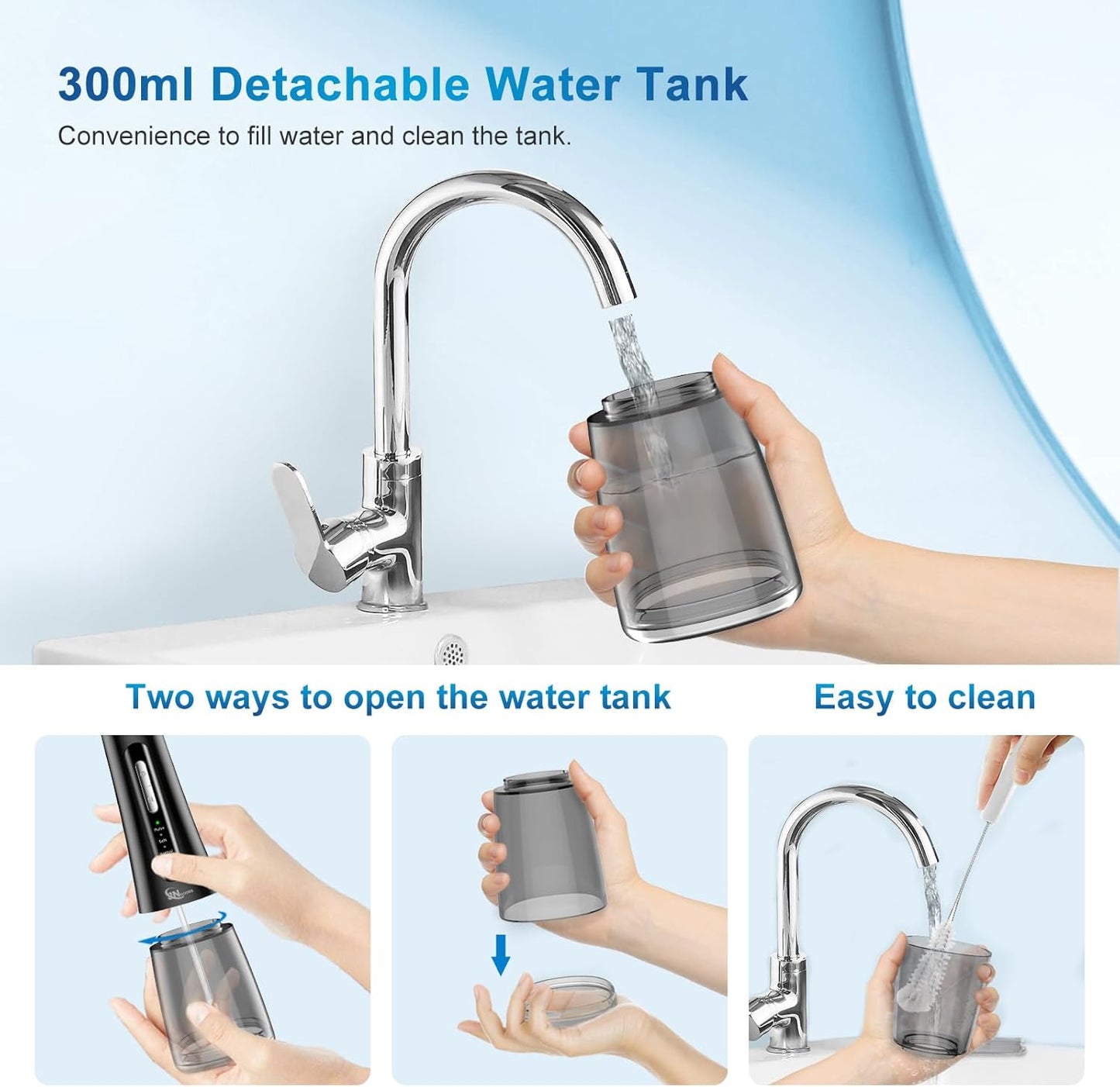 Cordless Water Dental Flosser Oral irrigator,JNGOODS 300ml Rechargeable Water flosser for Teeth IPX7 Waterproof 4 Modes Portable Oral Irrigator with 4 Jet Tips, Travel Home use (Black)