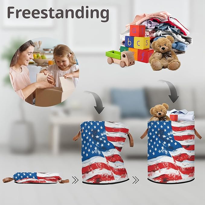 62L Flag Laundry Basket for Clothes Books Toys Adult Kids Rotundity Laundry Hampers Bin for Bathroom Kitchen Hotel