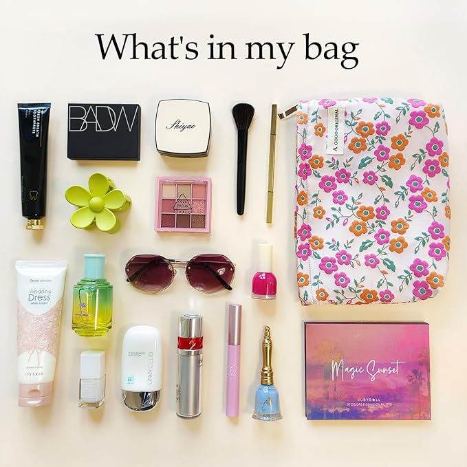 STARDW Aesthetic Floral Makeup Bag Cute Small Cosmetic Bags for Women Girls, Travel Toiletry Bag Large Capacity Zipper Makeup Pouch, Purse Organizer Pouches (Pink Flowers)