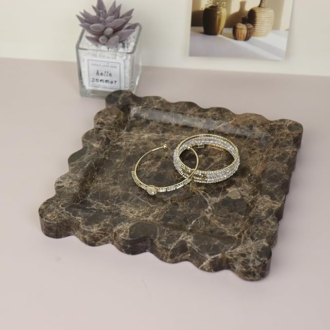 Square Marble Decorative Tray with Scalloped Edge, Luxury Natural Stone Bathroom Vanity Tray, Dresser Top Perfume Coffee Home Kitchen Sink Tray, Key Trinket Ring