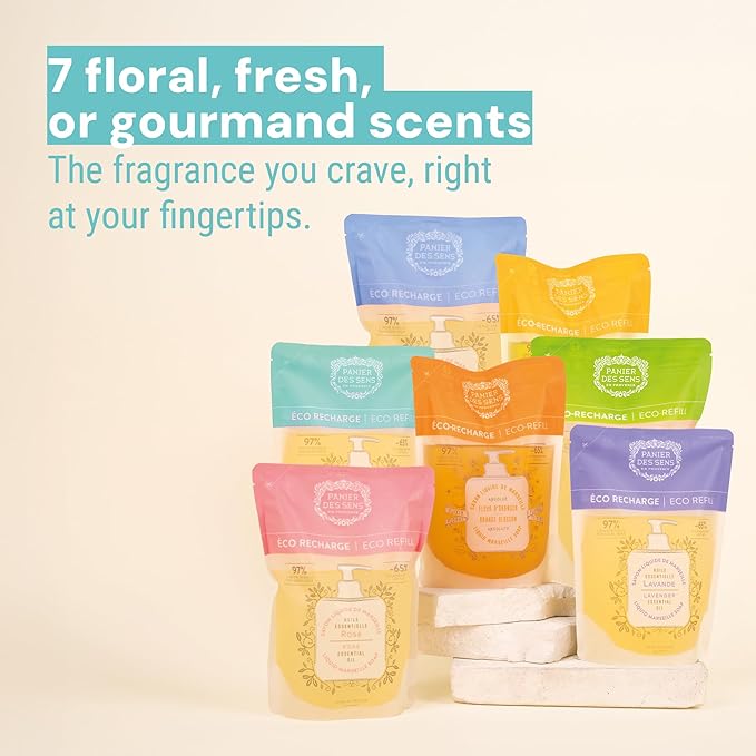 Panier des Sens - Liquid Hand Soap Refills - Jasmine Foaming Hand Soap Refill - French Moisturizing Hand Wash with Coconut Oil - Kitchen & Bathroom Soap - 97% Natural - 34 Fl.oz