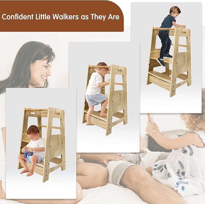 ECOMEX Toddler Standing Tower Kitchen Step Stool for Kids - Adjustable Height Learning Stool with Removable Safety Rail for Bedroom, Bathroom, Natural