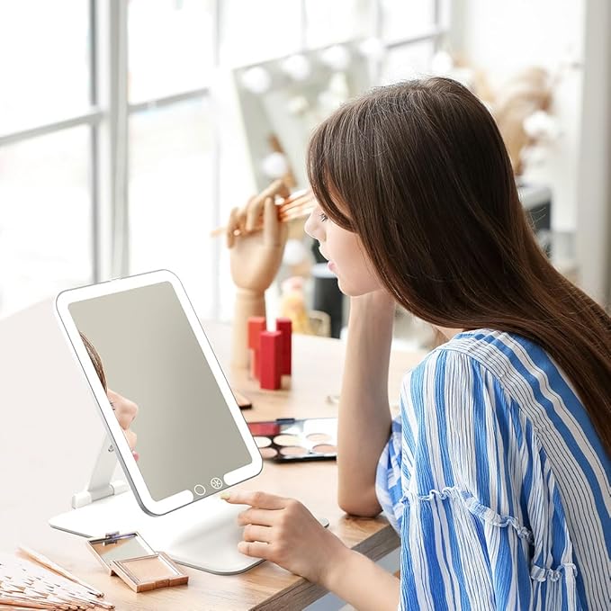 Fancii Rechargeable Travel Makeup Mirror with Bright LED Lights and 3 Color Modes - Ultra Thin, Portable and Lightweight, Touch Dimming, Compact Folding Mirror, Lighted Vanity Mirror, Nora Mini