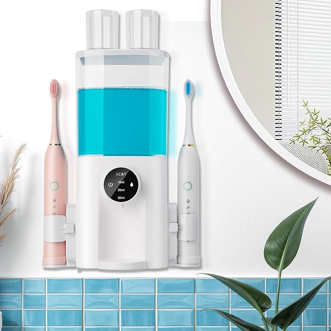 J.C&T Automatic Mouthwash Dispenser, 21.98 Fl Oz (650ML) Touchless Electric Wall-Mounted & Countertop, Rechargeable Mouth Wash Dispensers for Bathroom with Magnetic Cups for Kids & Adults, White