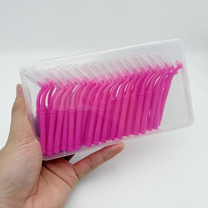 50 Pcs Interproximal Brush, Gum Interdental Brushes, L Angle Reusable Dental Cleaners Brushes,Disposable Oral Dental Hygiene Brush,Dental Toothpick Floss for Braces,Tooth Cleaning Tool (Pink)