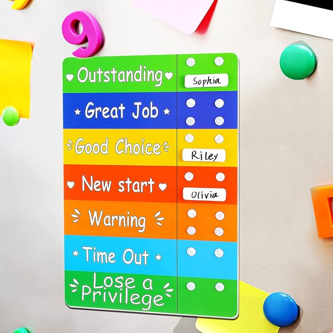 Geyee Colorful Behavior Chart for Multiple Kids Reward Incentive Behavior Chart with 12 Pieces Blank Movable Name Pieces Kids Board for Home School Classroom, 12.8 x 8.6 Inches(Classic)