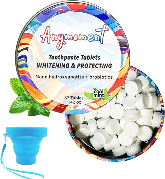 Anymoment Toothpaste Tablets with 7.5% Nano Hydroxyapatite,Flouride Free,SLS Free Remineralize with NHA (1 Month),Gift a Collapsible Cup,Eco & Plastic Free Travel Size Toothpaste