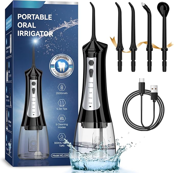 300mL Water Flosser Cordless - Rechargeable Travel Water Flossers for Teeth Cleaning with 5 Pressure Settings, 4 Tips, IPX7 Waterproof for Teeth Cleaning