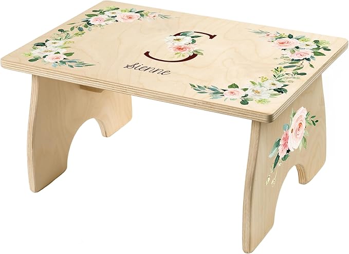 Step Stool for Toddlers- Personalized Wood Kids Step Stool with Name for Kitchen Sink, Bathroom, Potty Training, Toilet, Kitchen Sink- Sturdy and Safe- Made in USA by BloomOwl (Floral- Initial)