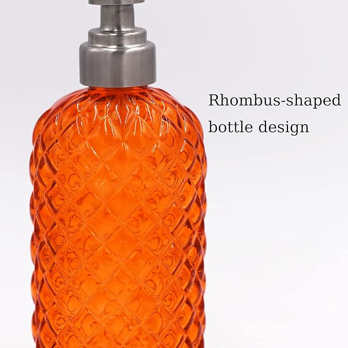 16 oz Diamond Pattern Glass Soap Dispenser, Kitchen and Bathroom Refillable Soap Dispenser with Rust Resistant Stainless Steel Pump for Hand Soap, Lotion Glass Liquid Dispenser (Orange-2pack)