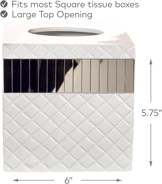 Creative Scents Quilted Mirror White Tissue Box Cover Square - Decorative Bathroom Tissue Box Holder - Modern Mirrored Tissues Cube Box Cover with Durable Bottom Slider
