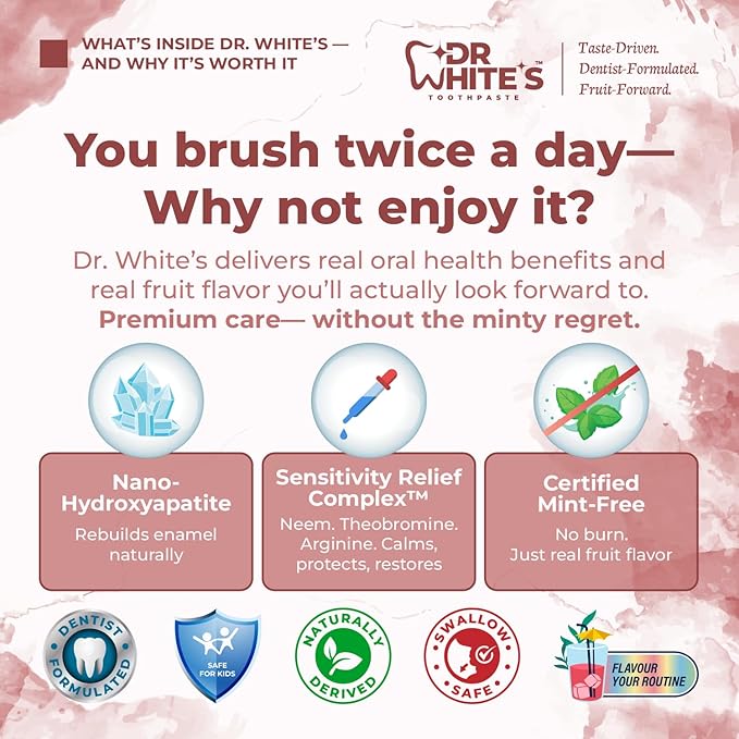 Dr. White’s Fluoride-Free nHA Toothpaste 2-Pack; Dentist-Formulated, Nano Hydroxyapatite + Xylitol, Sensitivity Relief Complex™, Mint-Free, Enamel Safe, Swallow-Safe (3.5 Oz, Cherry Bloom)