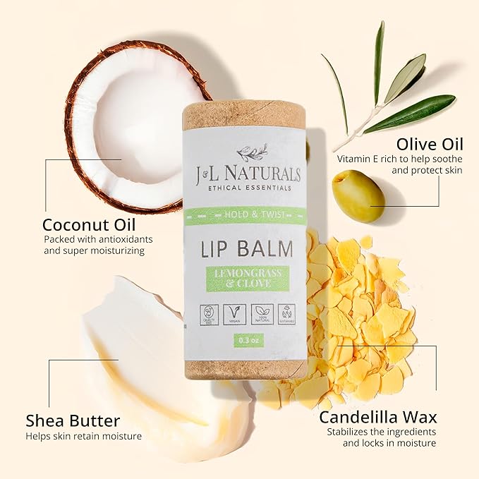 J&L Naturals Sustainable Lip Balm | Organic Ingredients, 100% Natural, Eco-Friendly | Cruelty Free, Vegan, Paraben Free, Silicone Free (Lemongrass & Clove, 2-Piece Duo)