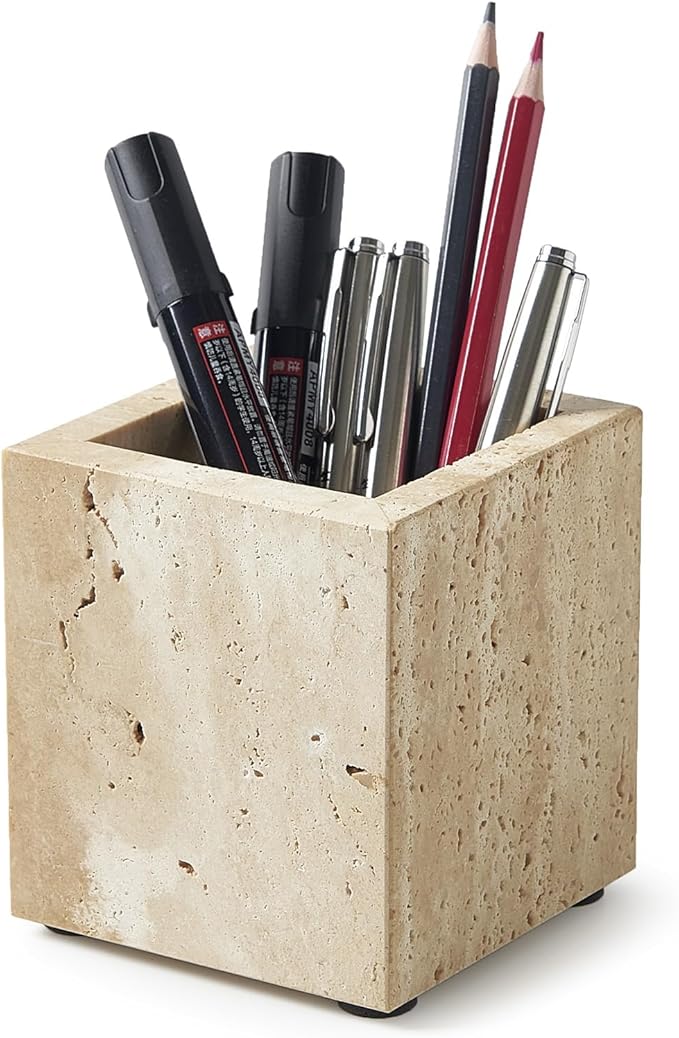 Real Natural Travertine Marble Toothbrush Holder & Pen Holder & Makeup Brush Holder & Utensil Holder, Genuine Stone Rectangular Bathroom Tumbler Cup, Durable Office & Home Countertop Organizer