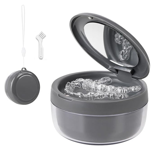 Denture Case, Leak Proof Denture Bath Cup, Denture Soaking Container Cups for Dentures, Retainers, Mouth Guard Storage Case, Full & Partial Denture Cleaning Holder Box with Strainer, Black