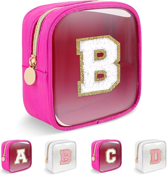 Personalized Initial Letter Clear Preppy Makeup Bag,Mini Nylon Chenille Letter Cosmetic Bag Cute Zipper Pouch Coin Purse for Teen Girls,Portable TSA Approved Travel Essentials Bag Gift for Women,B