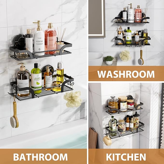 LEVERLOC Shower Caddy Suction Cup, 2 Pack Shower Shelves for Inside, Black Rustproof Metal Bathroom Storage NO-Drilling Bathroom Organizer with Large Capacity, Heavy Duty Storage Basket