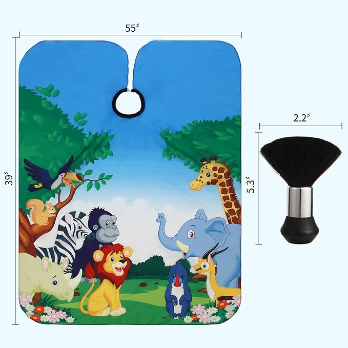 Kids Barber Cape with Neck Duster Brush, Professional Salon Hair Cutting Cape with Adjustable Snap Closure(wild animal)