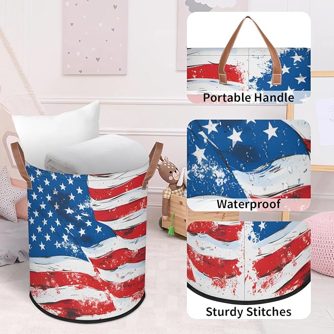 62L Flag Laundry Basket for Clothes Books Toys Adult Kids Rotundity Laundry Hampers Bin for Bathroom Kitchen Hotel