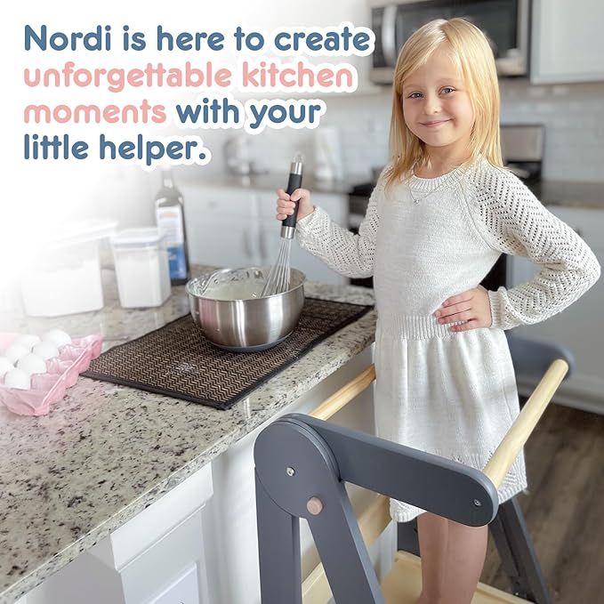 HARPPA Nordi Foldable Toddler Kitchen Tower, Montessori Kitchen Stools Helper, Standing Tower with 3 Adjustable Heights, Suitable Age for 2-6 Years, Grey