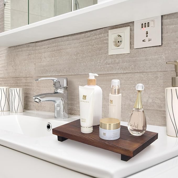 Farmhouse Bathroom Tray Organizer Wooden Riser Stand Wood Trays for Kitchen Counter Decor Pedestal Dish Soap Dispenser Holder Kitchen Sink Tray Modern Bathroom Vanity Accessories Decorative Trays