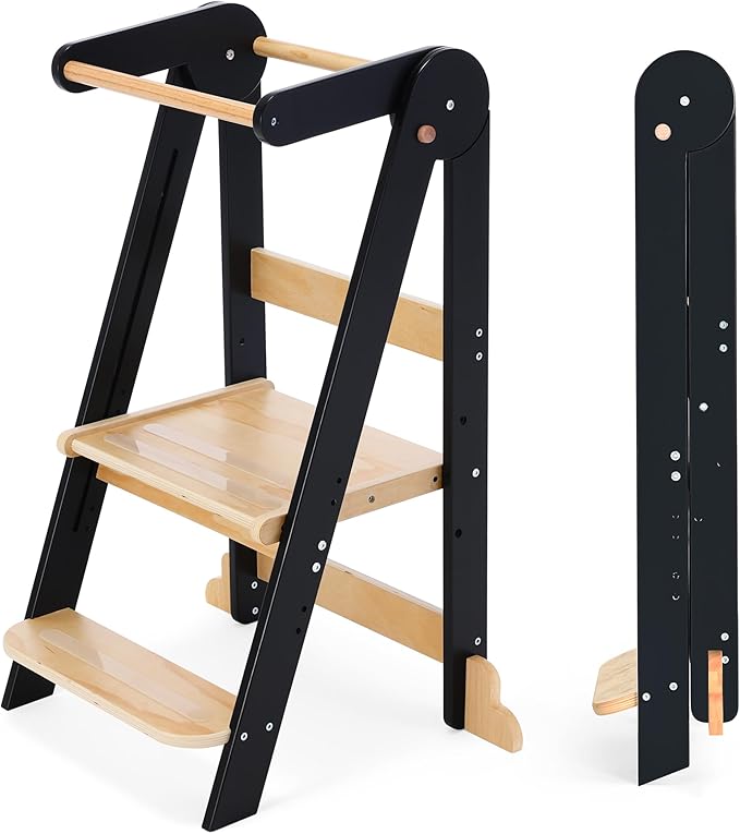 HARPPA Nordi Foldable Toddler Kitchen Tower, Montessori Kitchen Stools Helper, Standing Tower with 3 Adjustable Heights, Suitable Age for 2-6 Years, Black