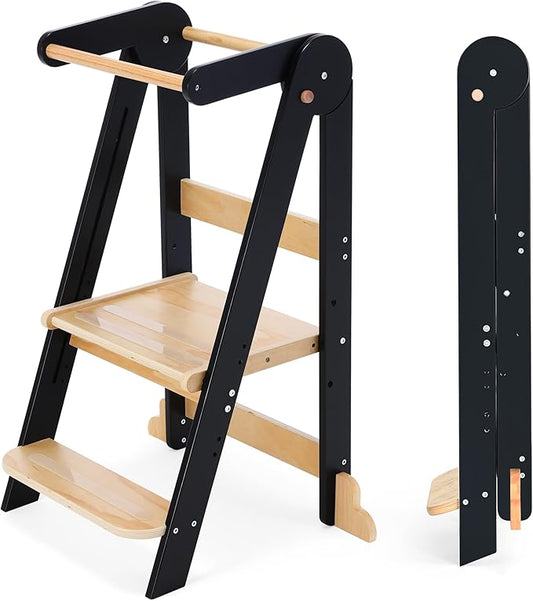 HARPPA Nordi Foldable Toddler Kitchen Tower, Montessori Kitchen Stools Helper, Standing Tower with 3 Adjustable Heights, Suitable Age for 2-6 Years, Black