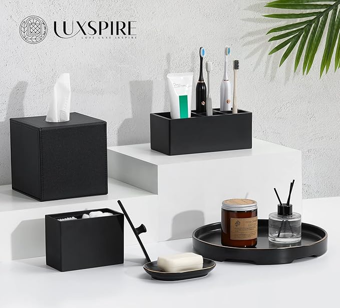 Luxspire Toothbrush Holder, 5 Slots Toothbrush Razor Holder Toothpaste Stand, Resin Decorative Dental Storage for Bathroom Accessories Set Vanity Counter Sink Organizer Storage Organizer Caddy - Black