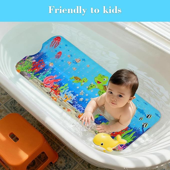 Bath Mat for Tub Non Slip, Machine Washable Anti-Slip Cartoon Baby Bathtub Shower Mat with Drain Holes and Suction Cups for Toddler & Kids (40 Inch x 16 Inch-Rectangular, Turtles)