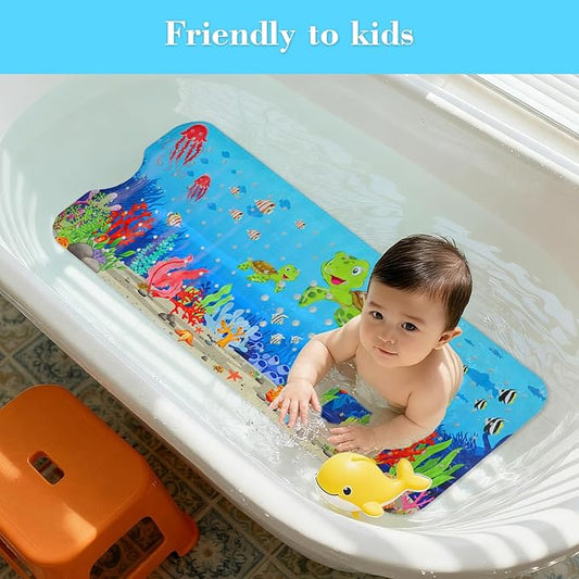 Bath Mat for Tub Non Slip, Machine Washable Anti-Slip Cartoon Baby Bathtub Shower Mat with Drain Holes and Suction Cups for Toddler & Kids (40 Inch x 16 Inch-Rectangular, Turtles)