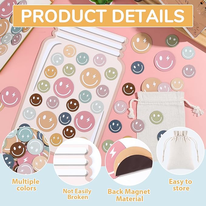 Magnetic Smile Face Reward Jar for Kids 68Pcs Boho Smiley Faces 1 Storage Bag Reward Jars Positive Behavior Chart Behavior Management Classroom Tools for Students Teachers Back to School Supplies