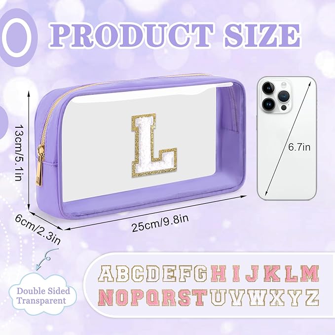Small Clear Personalized Initial Makeup Bag,Nylon Preppy A-Z Chenille Letter Patch Cosmetic Pouch Beach Toiletry Bag,Waterproof Zip Travel Purse Storage Bag Organizer for Women Girls(Purple-White L)