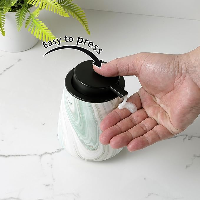 12Oz Ceramic Liquid Soap Dispenser - Modern Lotion Hand Soap Dispenser with Easy-to-Press Black Pump, Reusable and Refillable Dish Soap Dispensers for Bathroom & Kitchen, Marble Green
