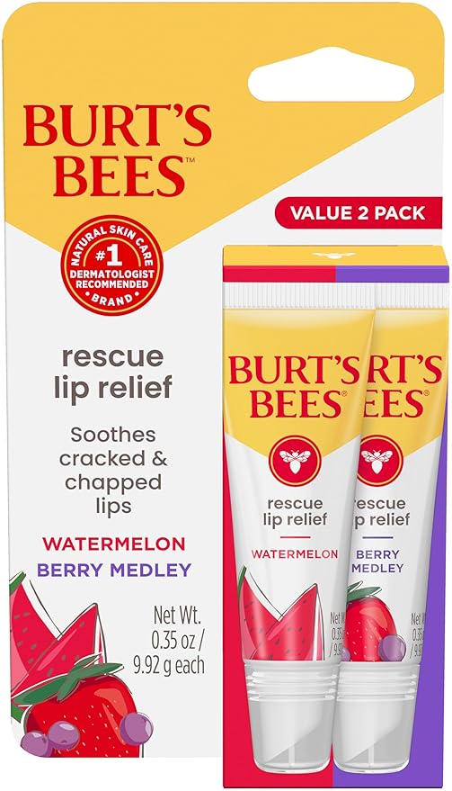 Burt's Bees Stocking Stuffers, Rescue Lip Relief, Watermelon & Berry Medley, Hydrating Lip Balm for Dry Cracked Lips, with Responsibily Sourced Beeswax, 100% Natural Origin, 2 Pack, 0.35oz