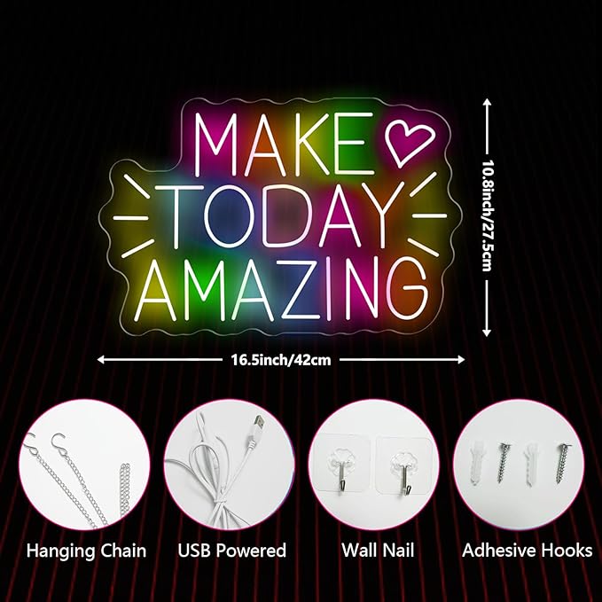 Make Today Amazing Neon Sign Heart Positive Led Neon Light for Wall Decor Inspirational Rainbow Color Light Sign Boho Wall Art LED Neon Light Up Sign for Party Wedding Birthday School Gym