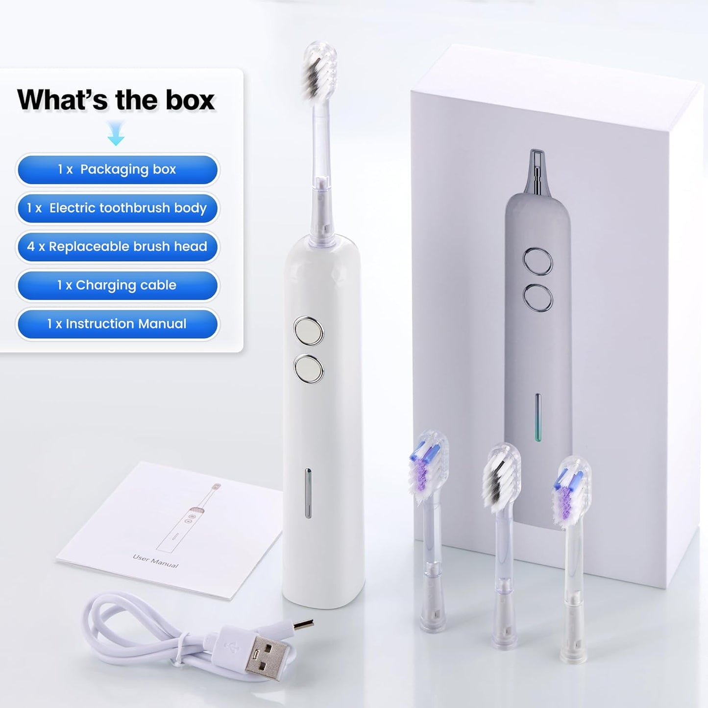Electric Toothbrush for Adults Sonic Vibration Deep Mouth Cleaning Teeth Whitening Free 4 Toothbrush Heads Super Soft Bristles 3 Modes 90 Days Lifespan IPX7 Waterproof (Color Available)