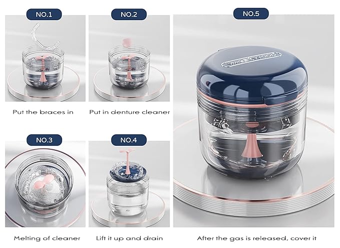 MURRI&MURRDI Denture Bath Case Holder with Mirror & Strainer Basket, Retainer Mouth Guard Soak Container Box, Braces Cleaner Cup, Travel Cleaning Storage for Invisalign Aligners Dental, Dark Blue