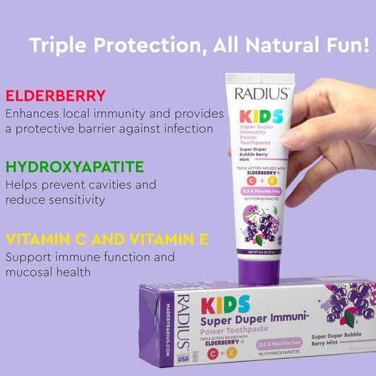 RADIUS Kids Super Duper Immunity Power Toothpaste 2.5 Oz - Super Duper Bubble Berry Mint - Pack of 3