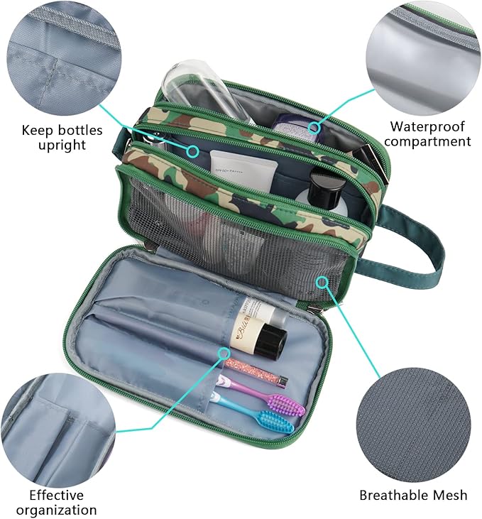 Kids Toiletry Bag for Boys, Travel Toiletry Bag for Little Young Boys Waterproof Hanging Wash Bag Toddler Traveling Toiletries, Dinosaur Camo