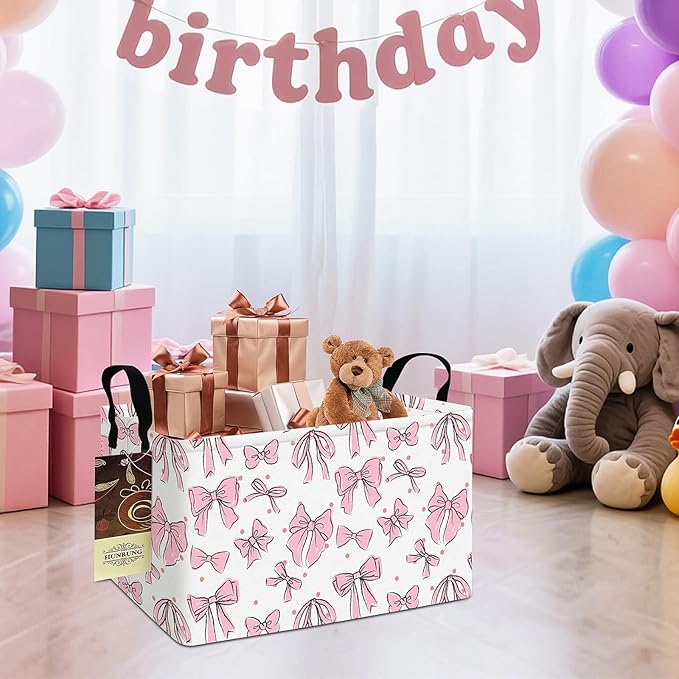 HUNRUNG Rectangle Storage Basket Cute Canvas Organizer Bin for Pet/Children Toys, Books, Clothes Perfect for Rooms/Playroom(REC-Pink Bow)