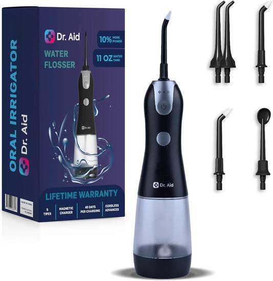 Dr. Aid Dental Water Flosser – Portable Oral Irrigator – 11Oz Tank, Water Filter, 5 Tips, Magnetic Charger – IPX8 Waterproof Cordless Water Flosser, Ideal Water Flossers for Teeth, Gums, Braces, Black
