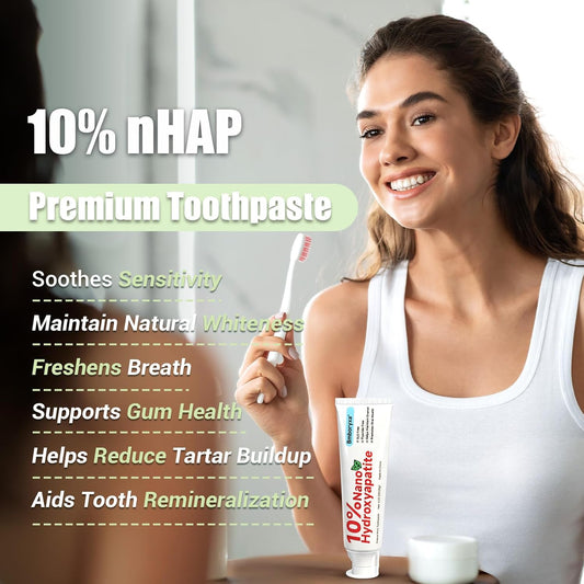 10% Nano Hydroxyapatite Toothpaste, SLS & Fluoride Free Remineralizing Toothpaste for Sensitive Teeth, Whitening, Antiplaque, Fresher Breath, Mineral Toothpast for Adults(4.23oz,Mint)