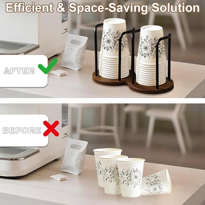 Wood Bathroom Cup Holder 3oz-8oz, Stylish Walnut Disposable Cup Dispenser, Plastic Mouthwash Cup Storage Organizer for Cups (Under 3.35in Diameter) -Perfect for Office, Kitchen, Gym, School or Cafes