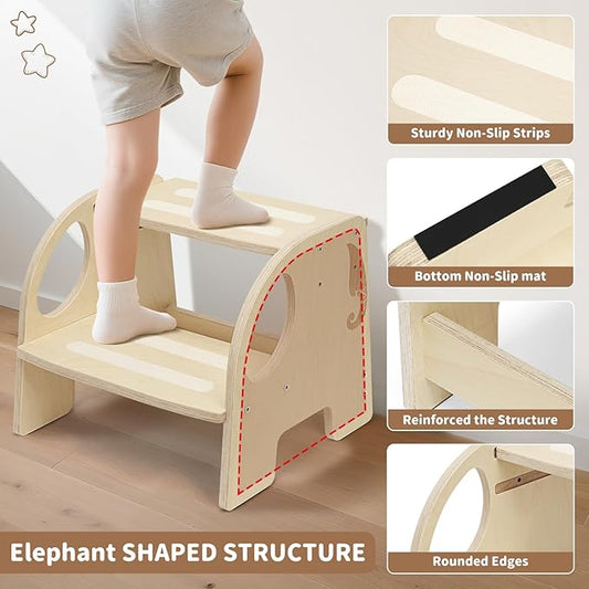 Wooden Toddler Step Stool - Height-Adjustable Non-Slip 2-Step Stool for Kids, Potty Training for Bathroom Sink, Kitchen & Bedroom, 200 lbs Capacity - Sturdy, Safe and Durable