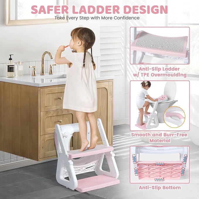 Orzbow Potty Training Seat, 2-IN-1 Toddler Potty Training Toilet with Step Stool, Stability Toilet Seat for Boys Girls with Splash Guard and Anti-Slip Pad, Adjustable Ladder & Potty Seat Height, Pink