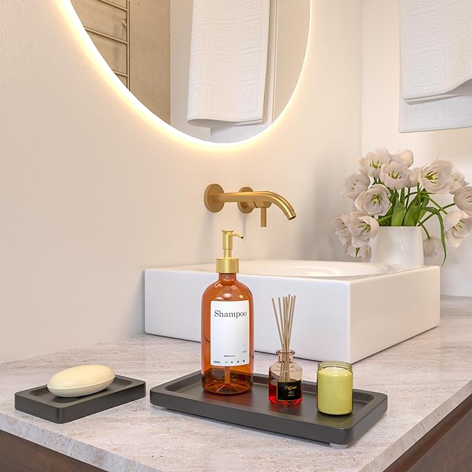 Black Bathroom Accessories Set 2 pcs - 9’’ Small Black Bamboo Tray for Bathroom, Wooden Bar Soap Holder for Shower, Kitchen Soap Dispenser Set for Sink, Kitchen Dish Tray Decor